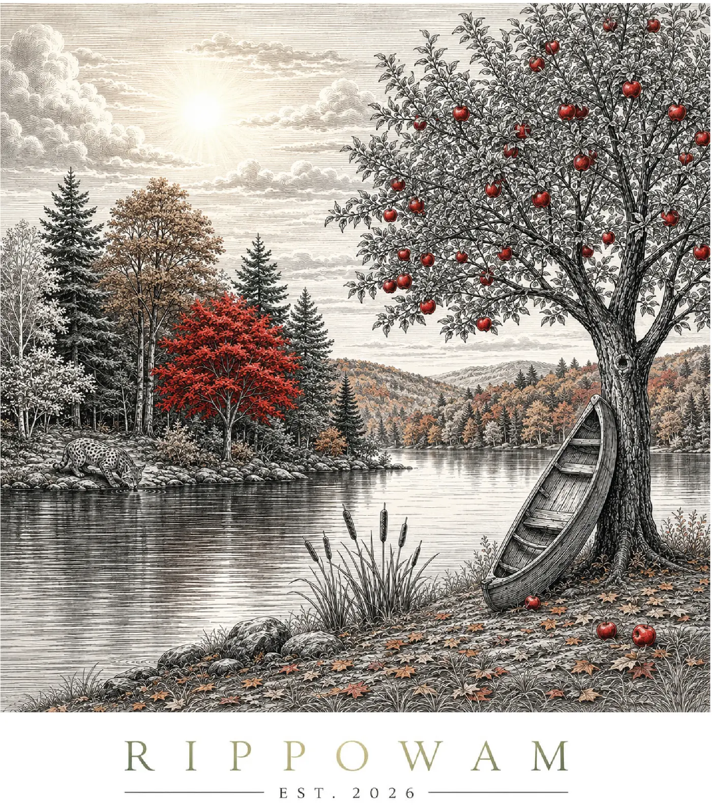 Pen-and-ink autumn scene: an apple tree heavy with red fruit leans over a lake, a wooden canoe propped against its trunk, fallen leaves across the bank, wooded hills beyond, and a spotted wild cat drinking at the far shore.