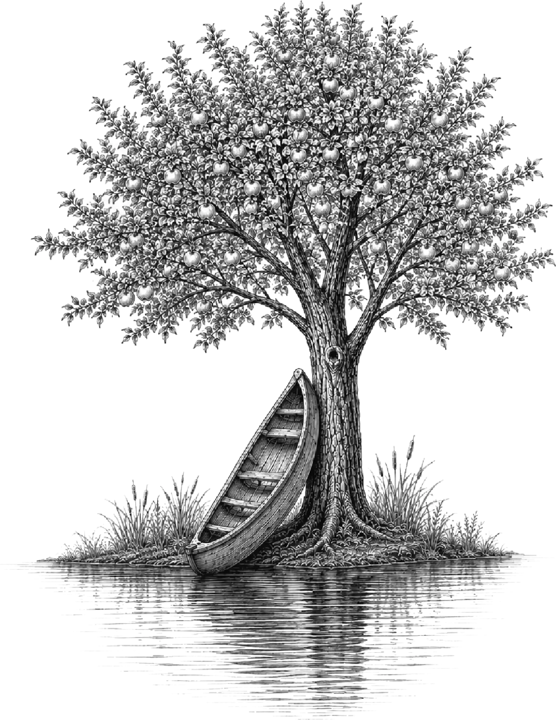 Pen-and-ink illustration of a fruiting tree on a small island, a wooden canoe drawn up on the bank beside it, mirrored in still water.